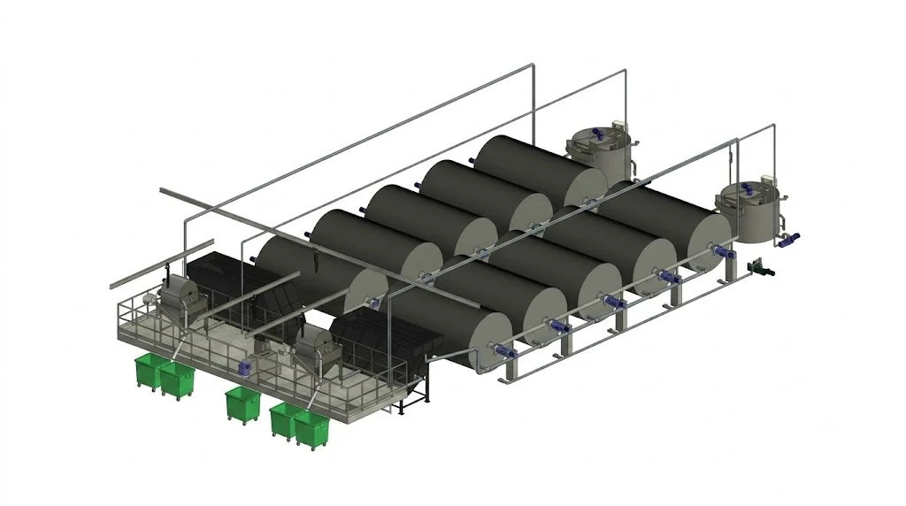3D-схема модернізованої станції: ротаційні біодиски, механічна підготовка та вузли обробки мулу