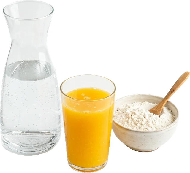 Графин чистой воды, стакан сока и миска муки — вода как составляющая продукта