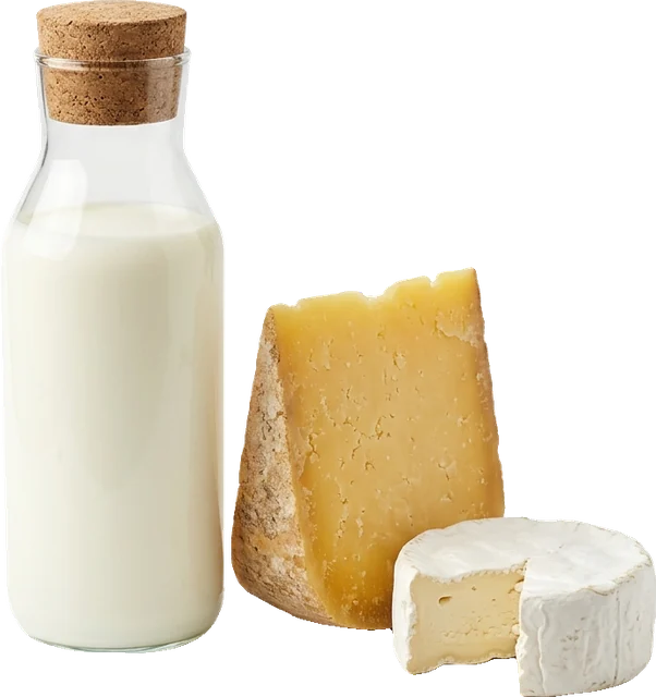 Бутылка молока, твёрдый и мягкий сыр — продукция молочной переработки