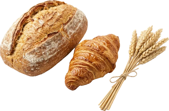 Хлеб, круассан и колосья пшеницы